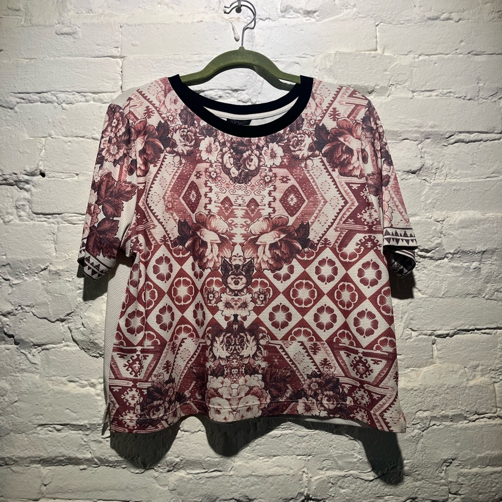 Topshop Burgundy Geometric Floral Short Sleeve Top